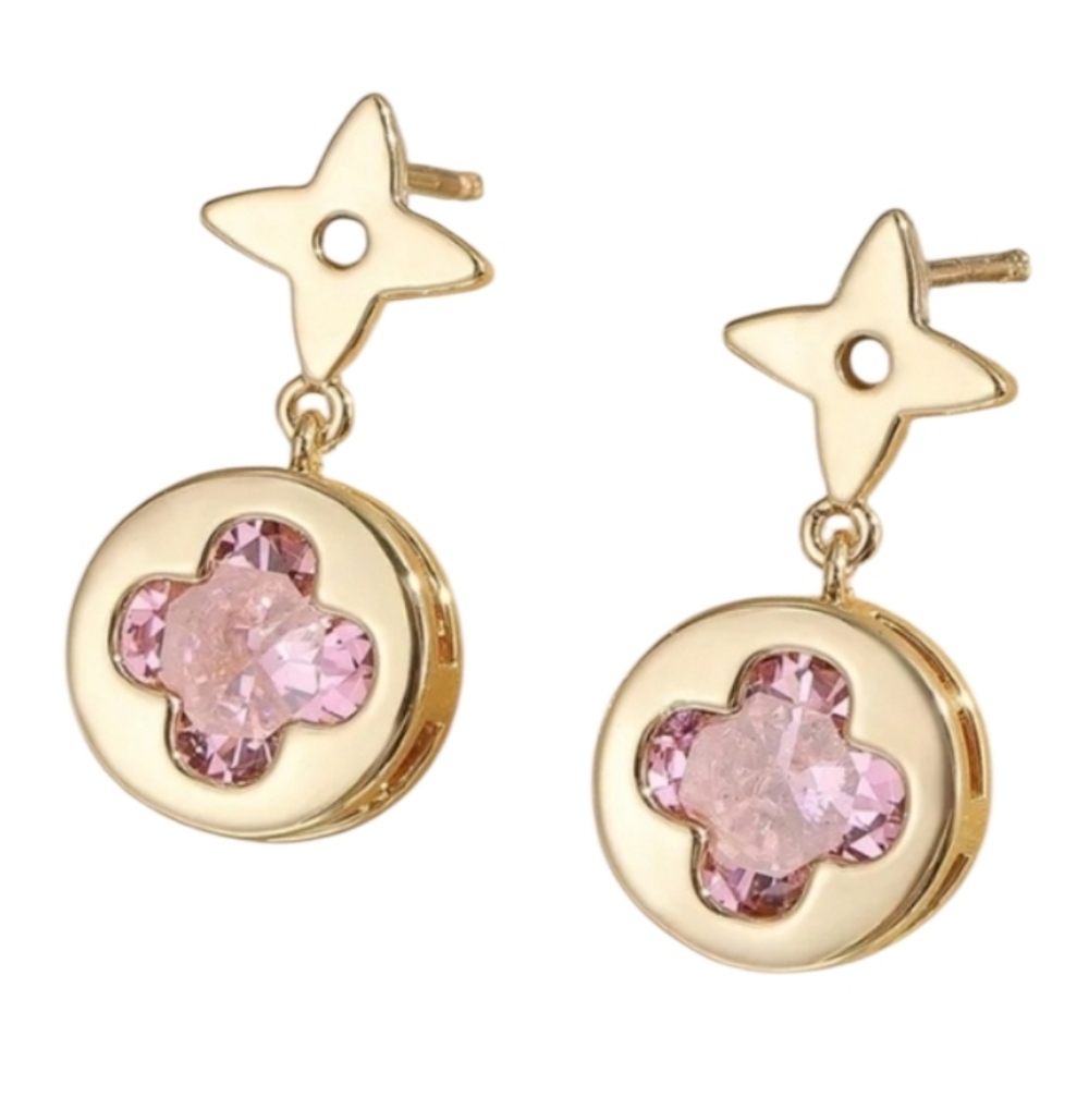 Goldtone Pink Clover Drop Earrings